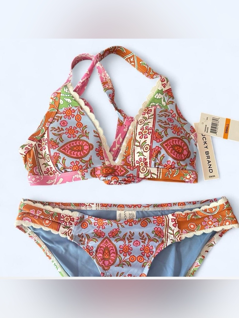 Lucky Brand Paisley Print Lace-Trim Bikini in Pink & Orange